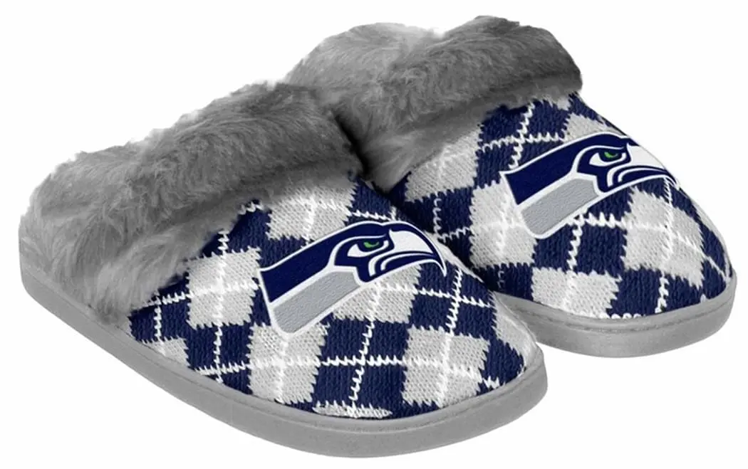 Forever Collectibles Seattle Seahawks Women's NFL Argyle Faux Fur Slide Slippers 1 Forever Collectibles Seattle Seahawks Women's NFL Argyle Faux Fur Slide Slippers