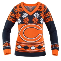Forever Collectibles Chicago Bears NFL Women's Big Logo V-Neck Ugly Christmas Sweater