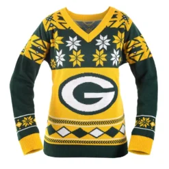 Forever Collectibles Green Bay Packers NFL Women's Big Logo V-Neck Ugly Christmas Sweater