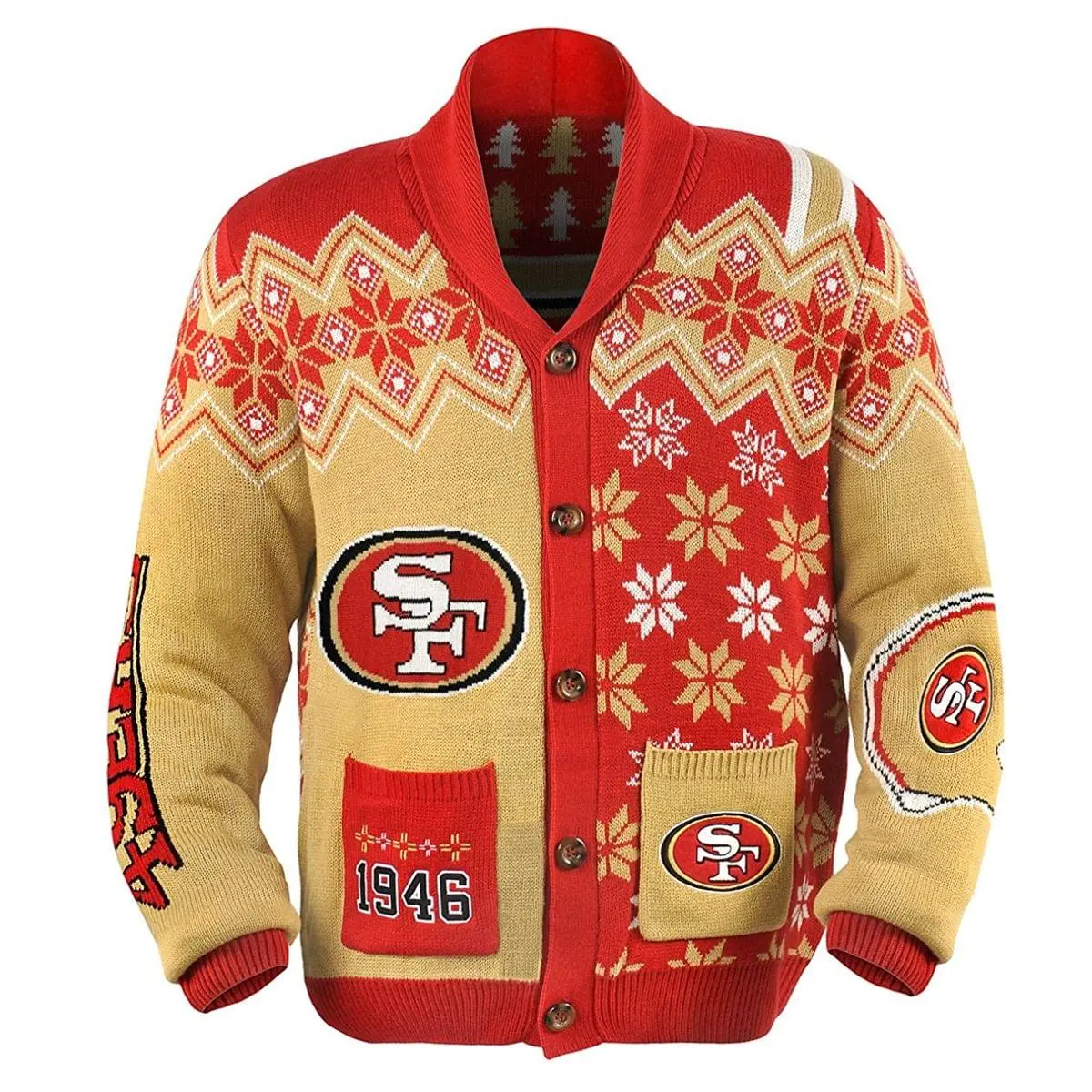 Forever Collectibles San Francisco 49Ers NFL Adult Ugly Cardigan Sweater 1 Forever Collectibles San Francisco 49Ers NFL Adult Ugly Cardigan Sweater