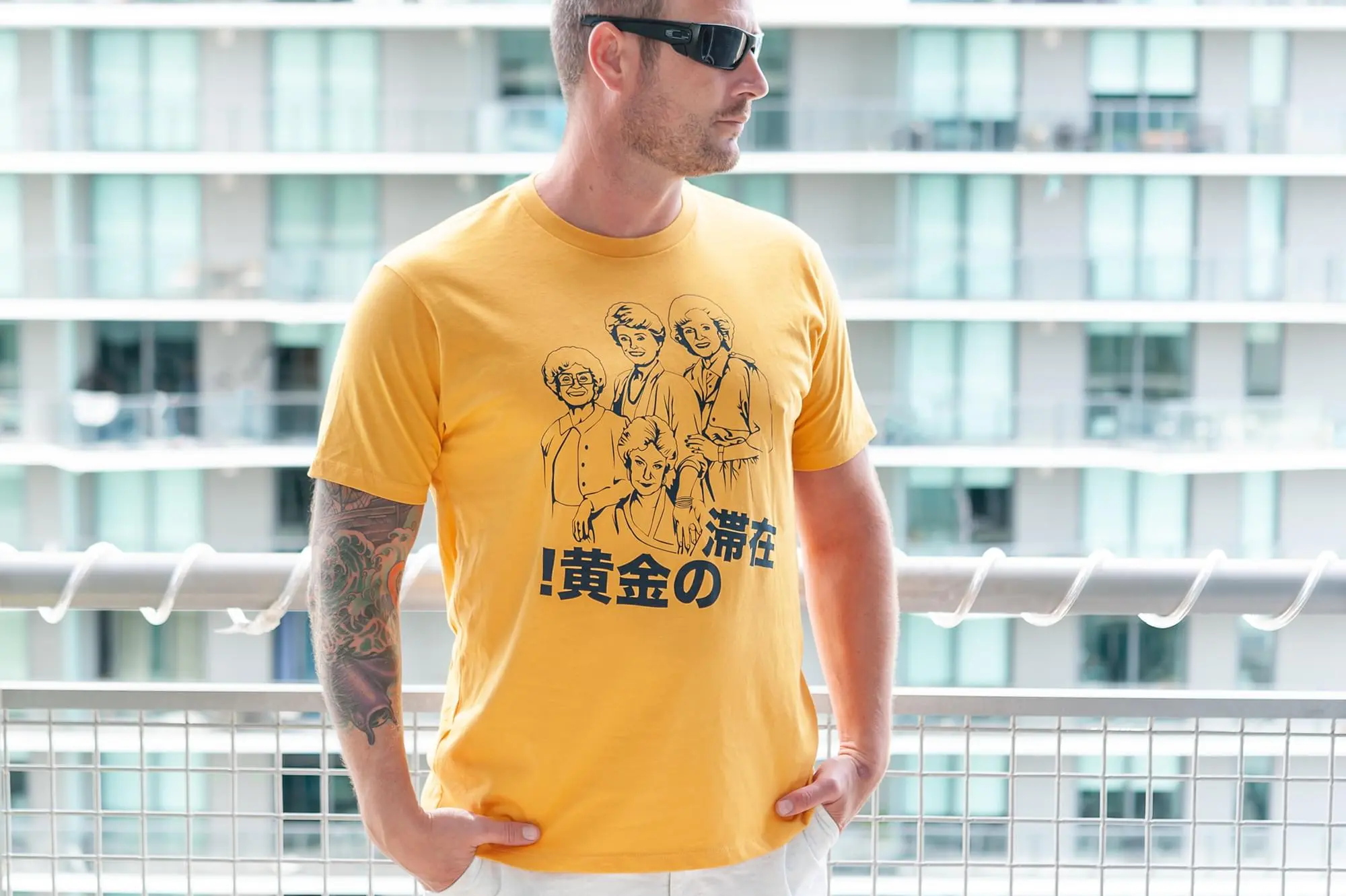 Goodie Two Sleeves The Golden Girls 'Stay Golden Japan!' Men's Mustard T-Shirt | Comfort Fit 5 Goodie Two Sleeves The Golden Girls 'Stay Golden Japan!' Men's Mustard T-Shirt | Comfort Fit - Image 5