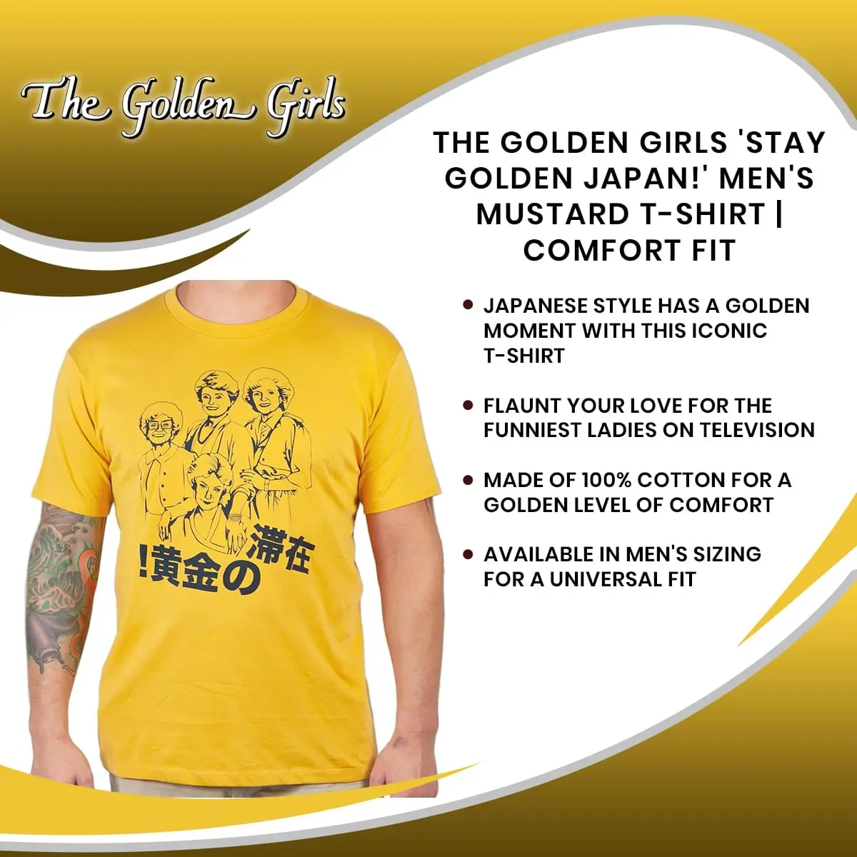 Goodie Two Sleeves The Golden Girls 'Stay Golden Japan!' Men's Mustard T-Shirt | Comfort Fit 7 Goodie Two Sleeves The Golden Girls 'Stay Golden Japan!' Men's Mustard T-Shirt | Comfort Fit - Image 7