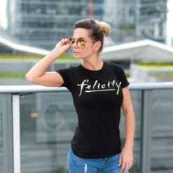 Ripple Junction Felicity Gold Logo Junior's Black Cotton T-Shirt -Hoodies Sales RPJ F3JS2001S CF
